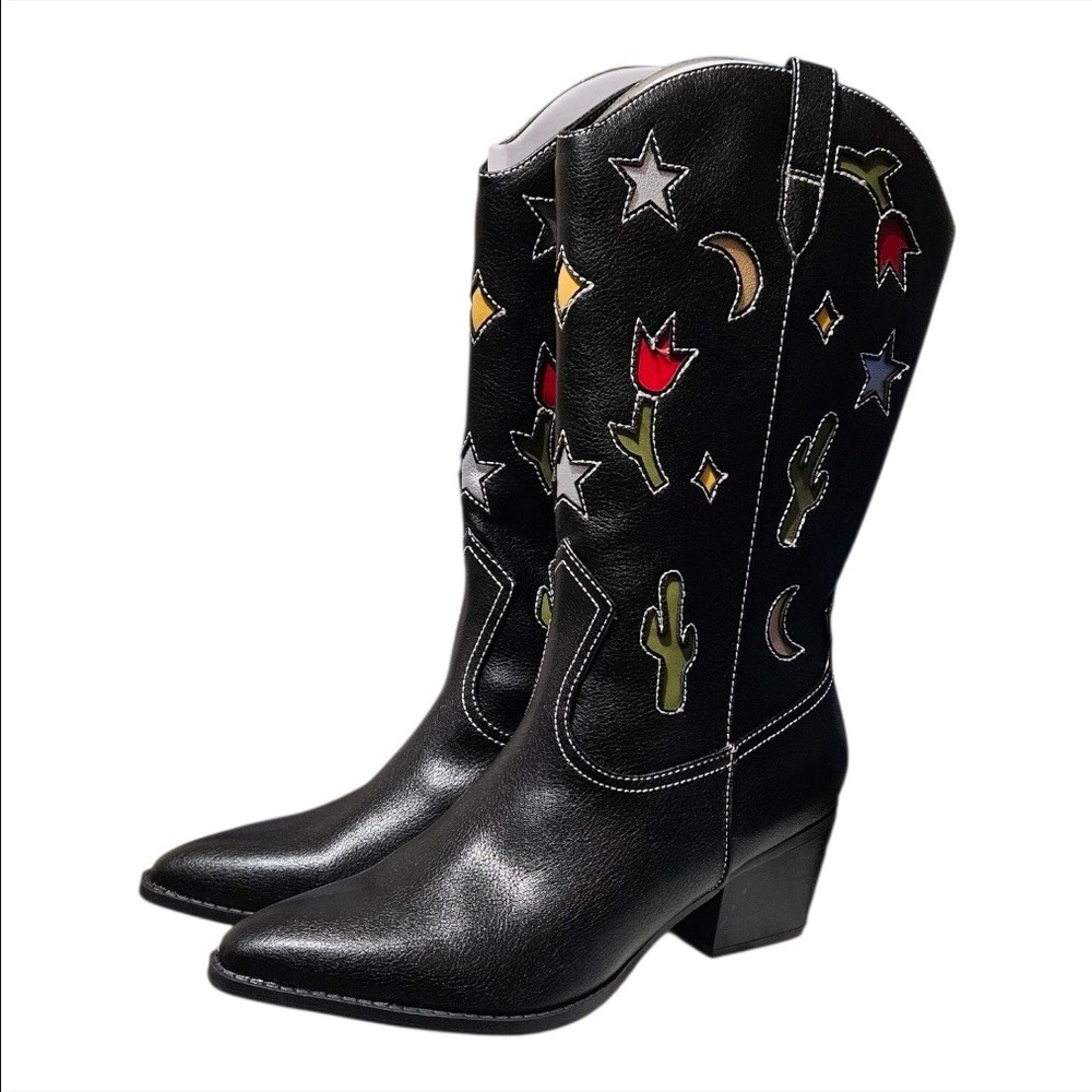 No Boundaries Black Heeled Boots with Colorful Embroidery